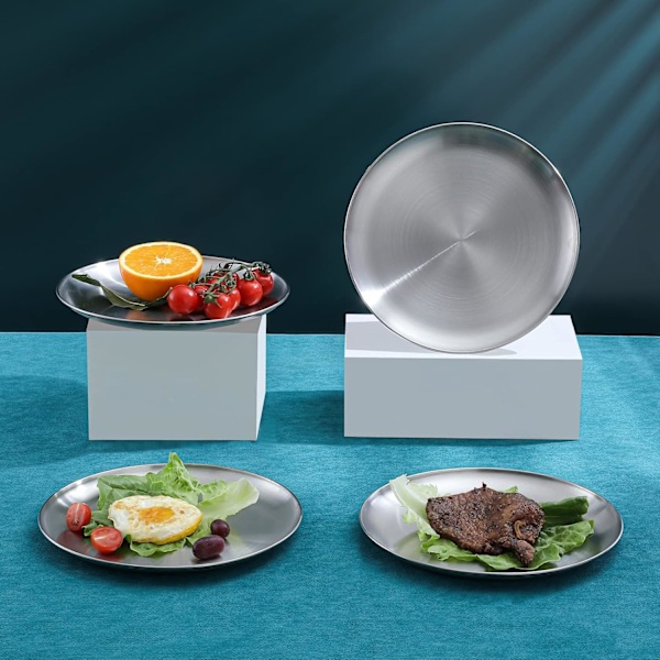 (4 stk, 23 cm) 18/8 Rustfritt Stål Middagstallerken for Hovedretter, Grillmat, Dessert, Salat og Frukt - Stor Kapasitet