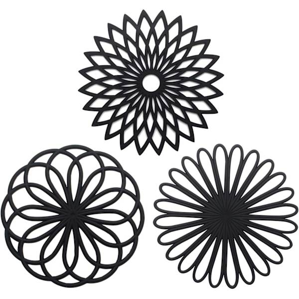 Sæt af 3 Sorte Silikon Trivetter Multifunktionelle Isolerende Blomst Form