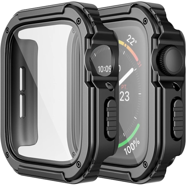 2-pack robust fodral kompatibelt med Apple Watch 44mm serie SE/6/5/4 med härdat glasskydd, militär all ar