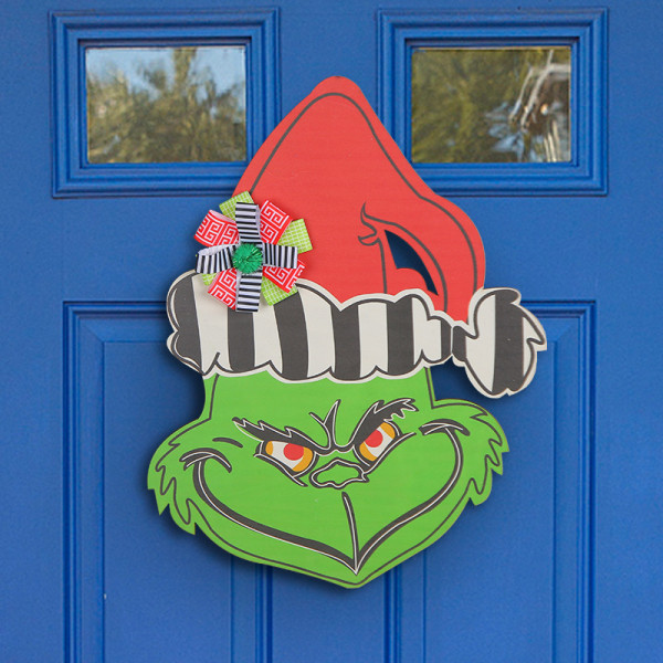 Julepynt dørhenger - stripet modell, Grinch hode do