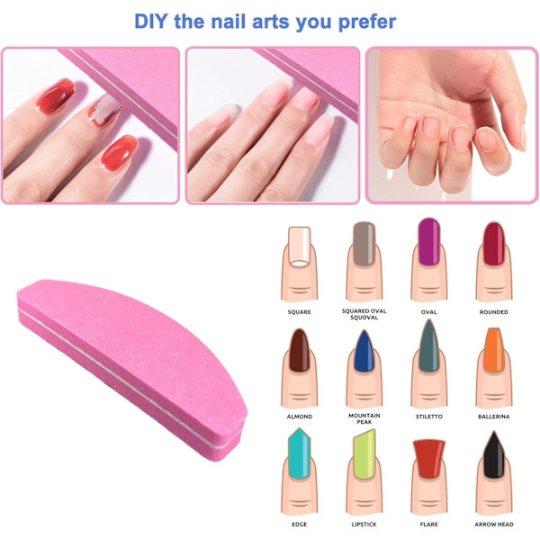 20 st Nagelbuffertar, Dubbelsidiga Nagelfilar Bufferblock 100/180 Grit Portabla Tvättbara Sandpappersfilar Bågform (Rosa)