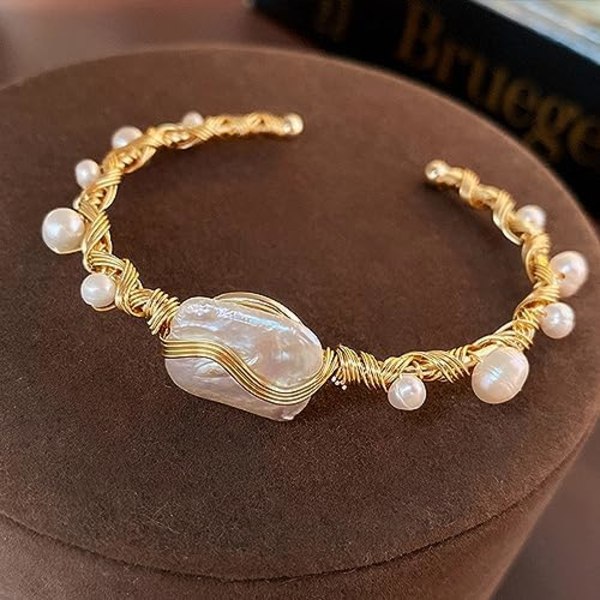 Barok Perle Armbånd i Guld, Justerbart Guld Wrap Design Perle Armbånd   Guldbelagt Delikat Lille Perle Armbånd til