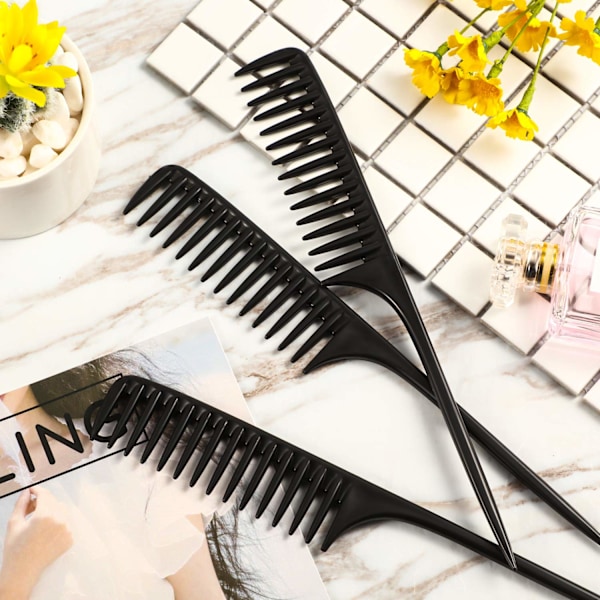 3 Pack Wide Tooth Tail Combs, Black Carbon Comb Fiber Teasing Salon Back Combs Styling Comb Anti Static Heat Resistant H