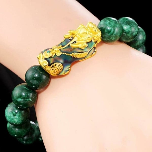 Feng Shui-armband, grönt jade stenpärlor armband unisex Feng Shui Pi Xiu handledsguld rikedom Pixiu kvinnor män armband