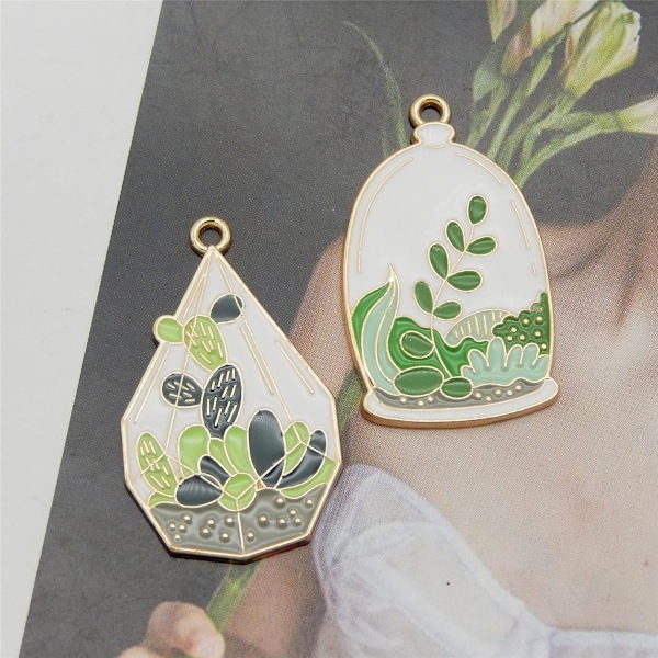 20 stk Assorterte Kaktus Potteplante Blomsterblad Anheng Delikate Plante Emalje Dingle Charms for Øredobber Smykkelaging Halskjede Armbånd