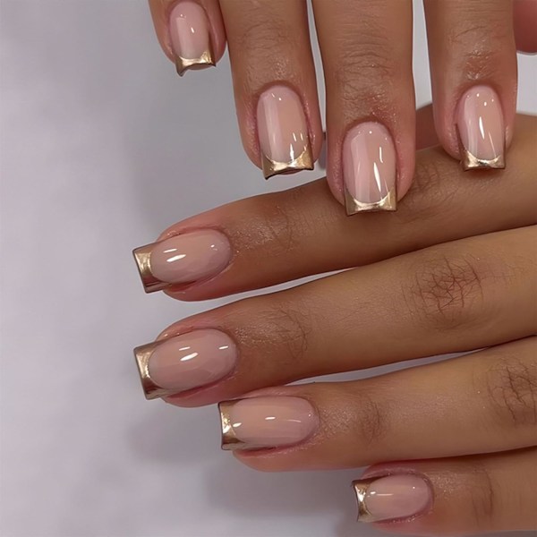 Guld Press-on Naglar Medium Gold French Tip Falska Naglar Kvadratisk Form Falska Nagelspetsar Nude Rosa Full Cover Limma på Naglar Medium Längd Stick-on Naglar Glo