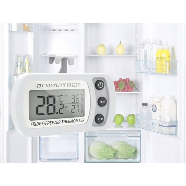 Hvitt digitalt kjøleskapstermometer, vanntett frysetermometer