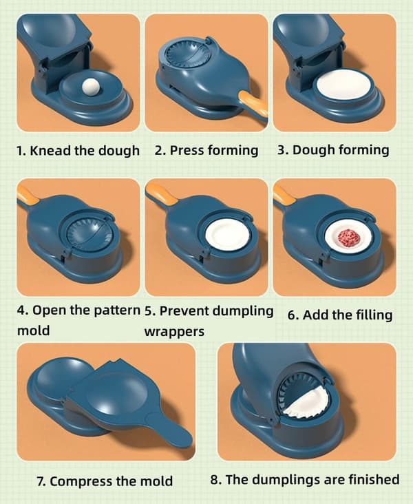 2 i 1 Dumpling Maker Maskine til Voksne Børn, [NY] Dumpling Dej Maker Dumplingforme, Manuelt Dumpling Værktøj til Hjemmet, Glad & Nem at Lave Dumpli