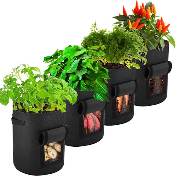 4 ikke-vævede 7 gallons sorte planteposer, kartoffelplanteposer, s