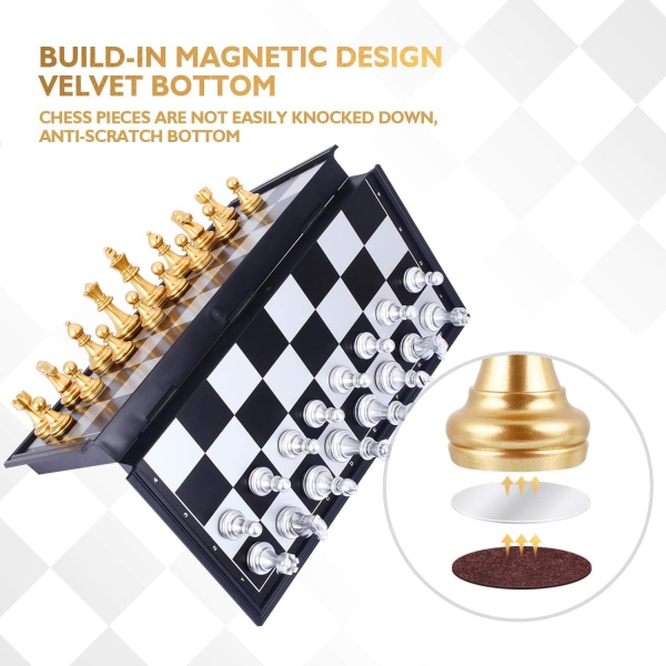 Skaksæt, magnetisk skakbræt (guld og sølv), Deluxe foldbart