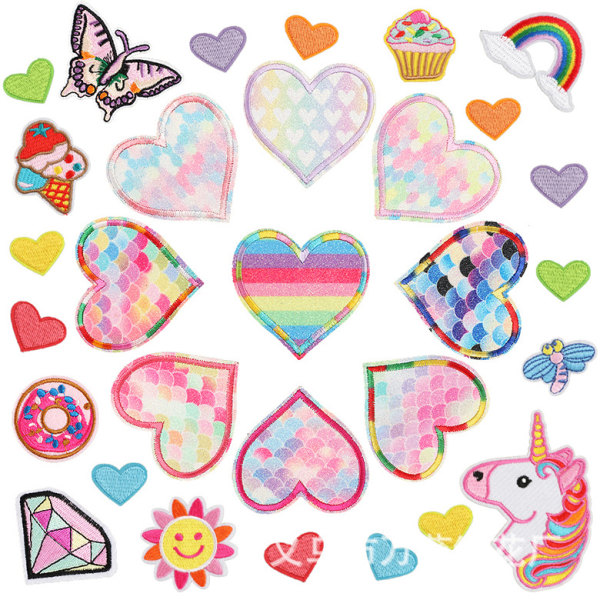 30-pack färgglada Rainbow Heart Tyglappar DIY Patch Cartoon E