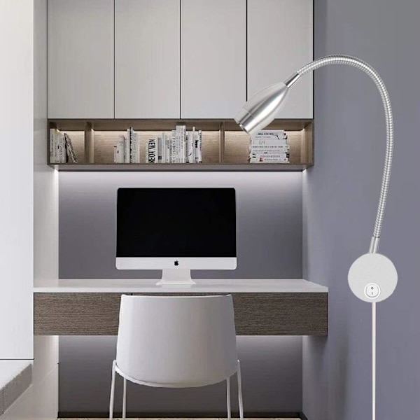 3W Læselampe, Fleksibel 3W LED Sengelampe med Afbryder og Ledning, Svanehalsvæglampe til Soveværelse, Hotel, Kontor, 3000K (Sølv - Varmt Hvidt)
