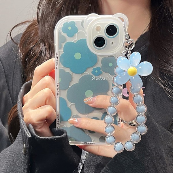 Kompatibel för iPhone 13 Skal Transparent Blommig Björnkameras Objektivskal med Söt Blommig Armbandskedja för Kvinnor Flickor Mjuk TPU Stötsäker Skydd - Blå