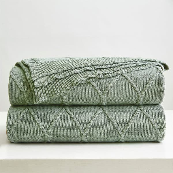 Bomulls Sage Grønn Kabelstrikket Pledd for Sofa, Lett