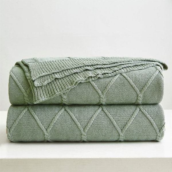 Cotton Sage Green Cable Knit Throw filt för soffa, lätt