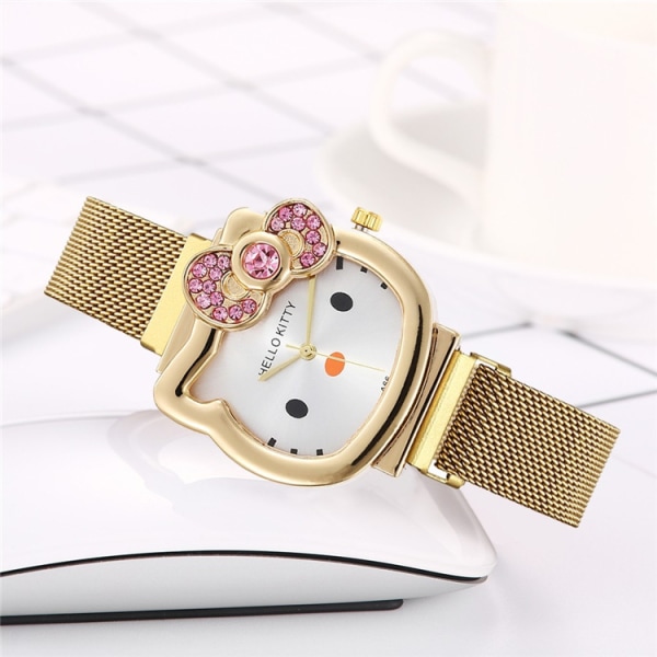 Fashion Cartoon Cat Watch-Gold, Children's Milan Mesh Strap with