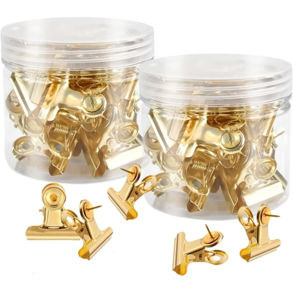 60 stk. Tryknåle med clips, Gyldne tegnestifter med clips, Dekorative tryknåle til korktavle, Metal bulldog clips tegnestifter til opslagstavle, Fotovæg