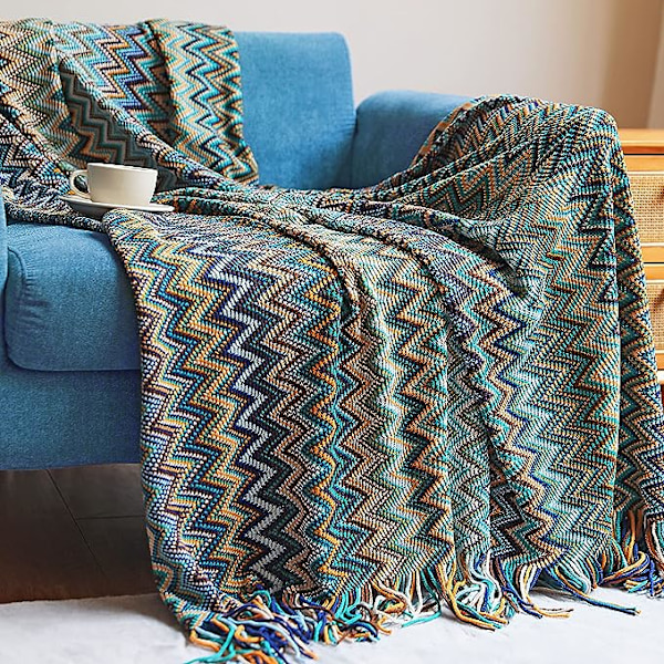 Boho Pläd, Stickad med Fransar för Utomhus, (Blå 50x60