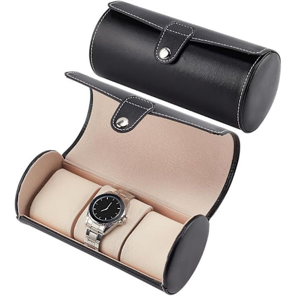 1 x PU-nahka Triple Cylinder -kellolaatikko - Musta, Sametti Push Wat