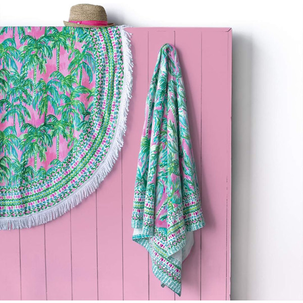 Extra Stor Pool-/Strandhandduk, 30 x 60, Stor Frottéhandduk för Vuxna, Rosa/Grön Palmträdsmönster, Suite Views