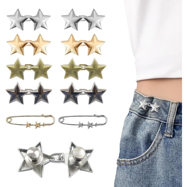 10 Set Byxmidja Åtdragare Stjärnknappar Nålar för Lösa Jeans Återanvändbar Midjeklämma Metall Stjärnbrosch för Kläder Klänningar Kjolar Ingen Sömnad Deco