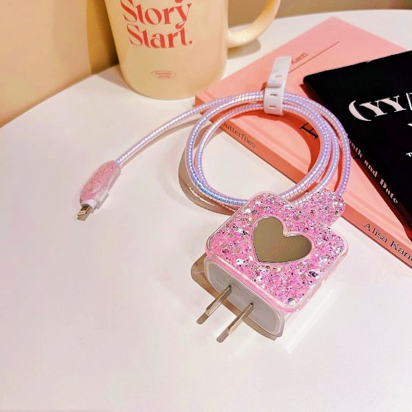 Glitterkabelskydd för iPhone-laddare Dekoration med söt kärlekshjärta-spegeldesign, Lyxig glänsande mjuk datakabel USB-trådskydd Laddare Sladd