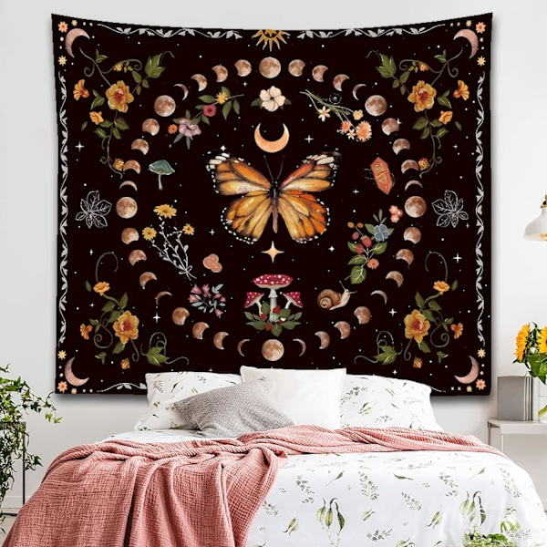 Nature Plant Butterfly Tapestry, Moon Phase Tapestries Aesthetic