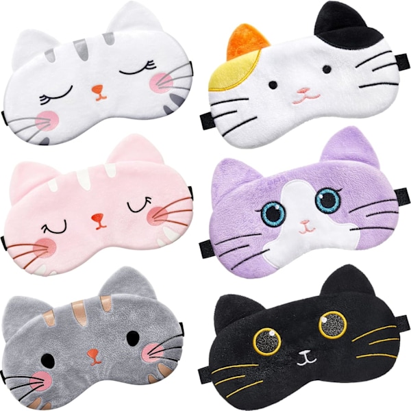 6 st Barn Sovmask Söt Katt Djur Sovande Ögonmask Mjuk Lätt Ögonskugga Kawaii Sovmask Roliga Katt Ögonbindlar för Kvinnor Flickor Tonåringar Kit