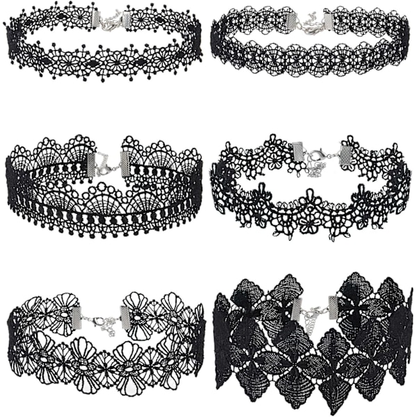 6 stk. Choker Halskæde Sort Choker Blonder Choker Gothic Halskæde til Kvinder Piger, Sort