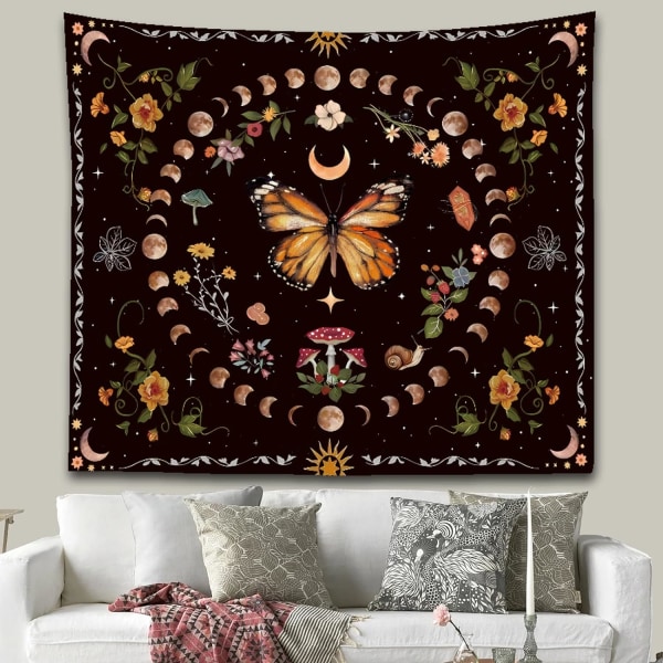 Nature Plant Butterfly Tapestry, Moon Phase Tapestries Aesthetic