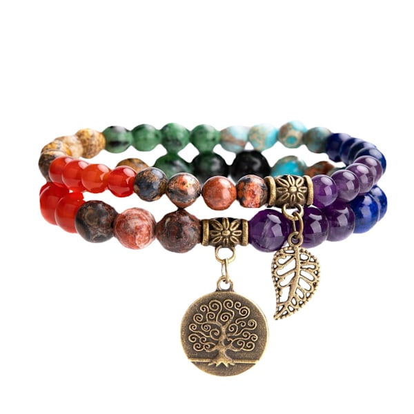 Farverig armbånd med naturlige halvædelsten til kvinder - Livets træ og blad charme energihealing Reiki krystal