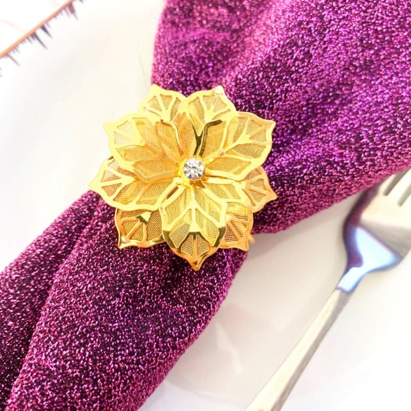 12 stykker servietringe og -holdere (blomster-guld), servietskylle i metal