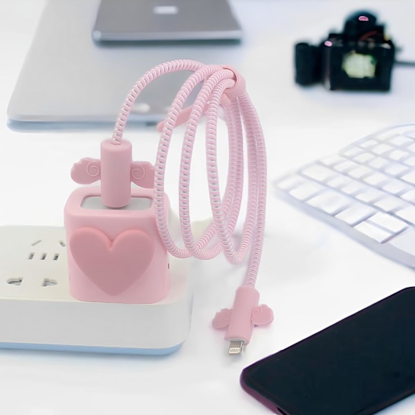 Kabelbeskytter for iPhone-lader, Silikon Laderbeskyttersett - Søt Kabeldeksel Silikon Laderetui for 18W/20W iPhone-lader, Rosa Hjerte Bla