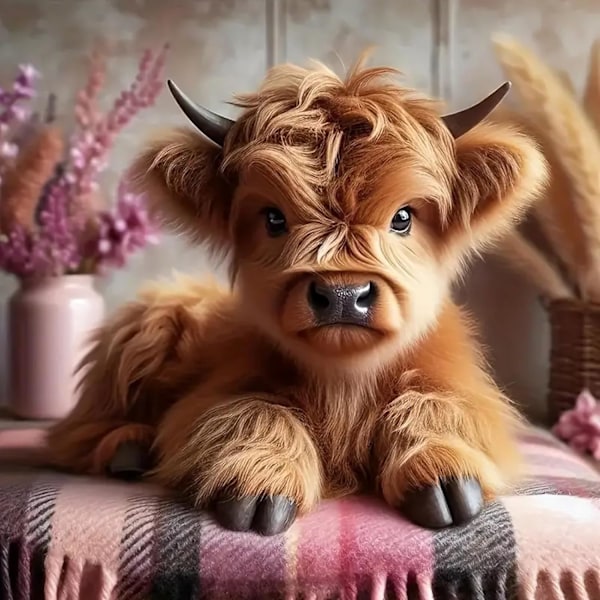 12x12 Tum Highland Cow Diamantkonst-kit för Vuxna Nybörjare, Ko Diamantmålningskit för Vuxna, DIY 5D Diamantmålning med Runda Ädelstenskonst-kit f