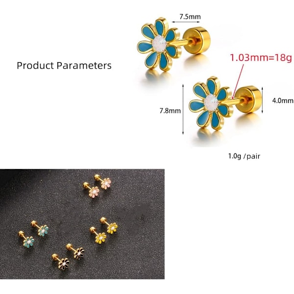 18G Söt Daisy Blomma Stud Cartilage Örhängen för Kvinnor Flickor 14K Guldpläterat Rostfritt Stål Emaljerad Fin Skruvrygg