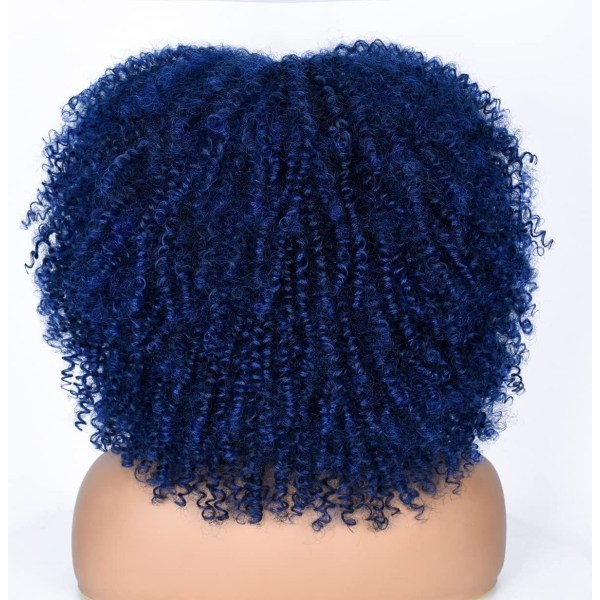 (Mörkblå) 14" svart lockig peruk för kvinnor, kort svart hår, freaky