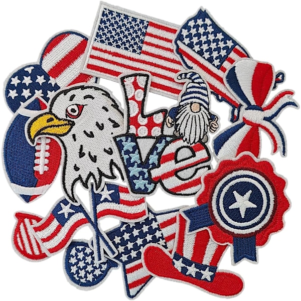 12 stk. Uafhængighedsdags Stryge-på-lapper, Stryge-på/Sy-på Patriotiske Lappe, USA Stryge-på-lapper til Tøj, Hatte, Jeans, Skørter, T-shirts, Rygsække, E