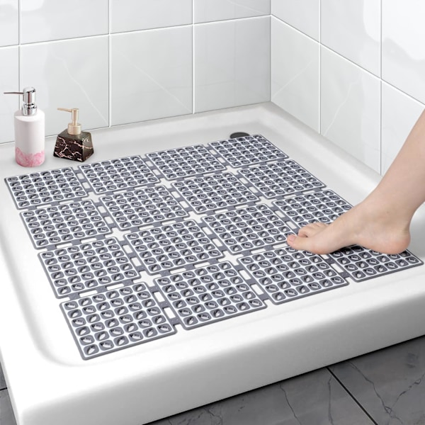 Square Shower Mat Non Slip - Shower Floor Mat with Suction Cups and Drain Holes - Anti Slip Shower Stall Mat for Elderly