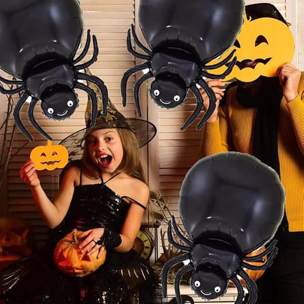 Sæt med 4 store folieballoner med edderkoppemønster til Halloween-festdekorationer - Sort