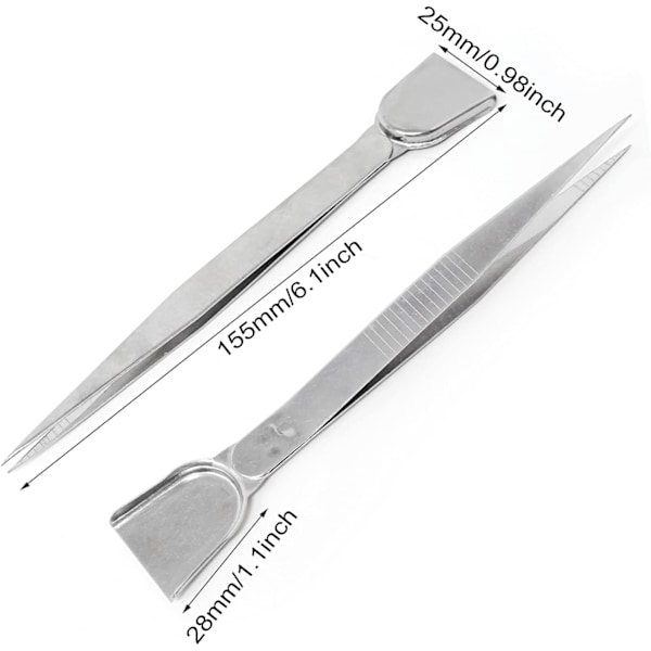 2 stk. Praktisk pinsett i rustfritt stål med skuffe, spisse tupper, perlepinsett, verktøy for smykkelaging med frøperler og diamant (15,5 cm)
