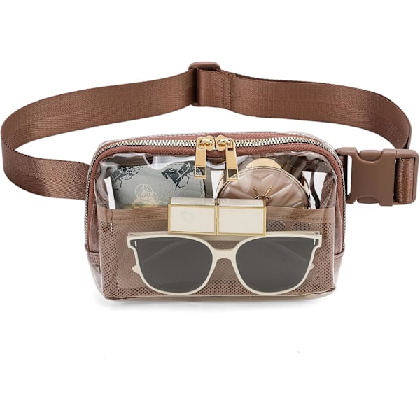 (Brown)Clear Belt Bag Clear fanny pack stadium approved for Women Men with Adjustable Strap Clear Crossbody Bag Waist Ba