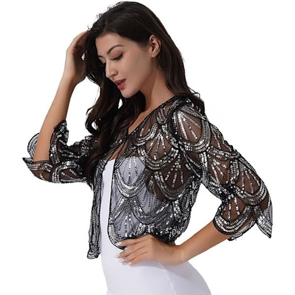 Lille Sequin Sjal til Kvinder - Sort, Vintage Bolero Bryllup Aften
