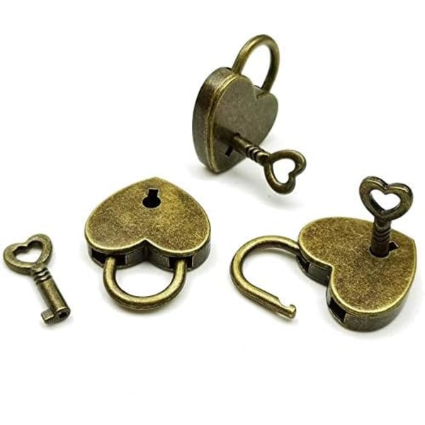 Set med 2 Old Style Archaize-format minihänglås (hjärta) med nyckel,