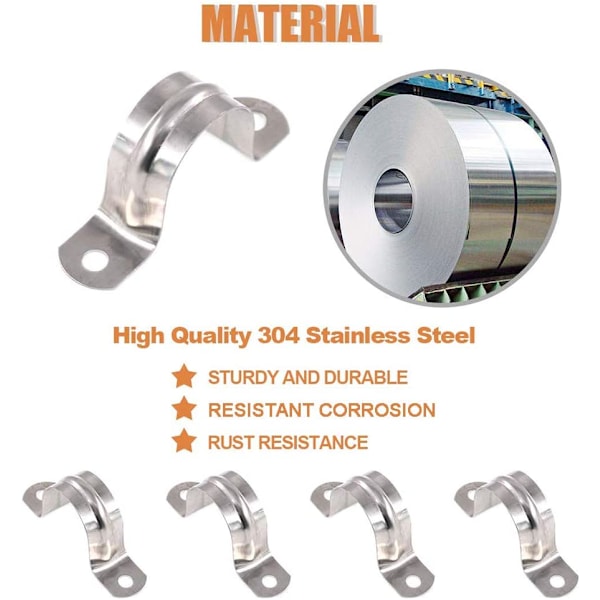 20mm/0.8\" 2 stk Rørklemme 304 Rustfritt Stål Rørklips U-Formet