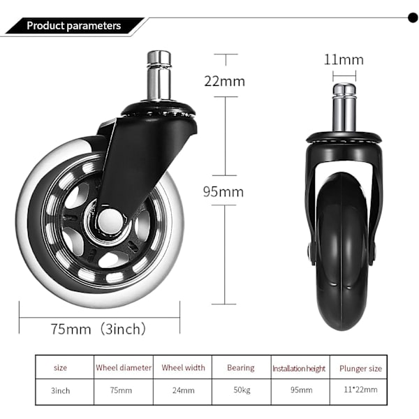 4 kpl (3 tuumaa 11X22mm) Universaali toimistotuolin pyörien sarja Hiljainen a
