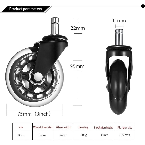 Sett med 4 (3 tommer 11X22mm) Universelle Kontorstolhjul Stille a