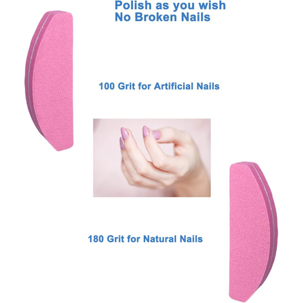 20 st Nagelbuffertar, Dubbelsidiga Nagelfilar Bufferblock 100/180 Grit Portabla Tvättbara Sandpappersfilar Bågform (Rosa)
