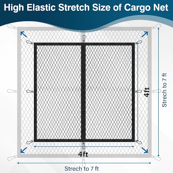 Lastenett for pickup lasteplan, høyelastisk lastenett med finmasket netting og 8 metallkroker, strekker seg fra 1,2 m × 1,2 m til 2,1 m × 2,1 m, ideelt for de fleste kjøretøy og båter