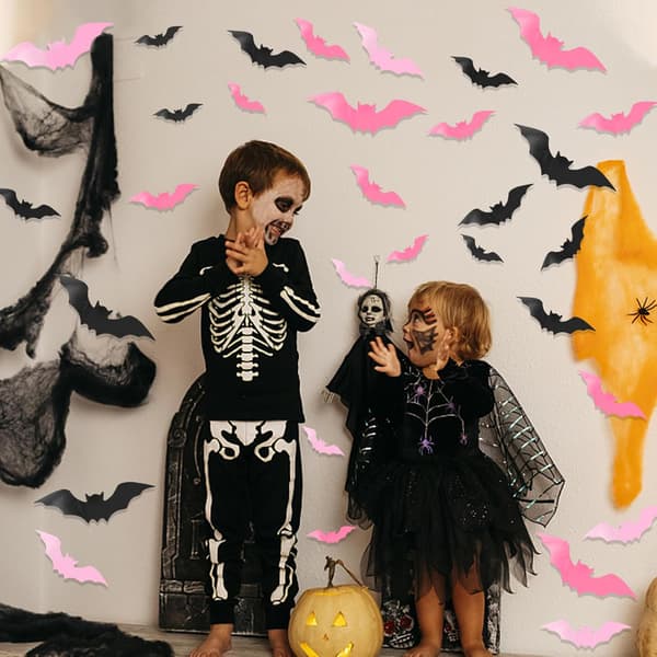 48 st 3D Rosa Fladdermöss Halloween Väggdekor - PVC Väggdekaler