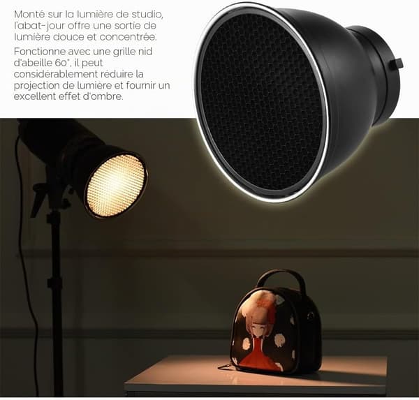 Tommer Standard Reflektor Diffuser Lampeskærm med 60° Honeycomb Grid til Bowens Mount Studio Flash Strobe Flash Light Speedlite - Sort